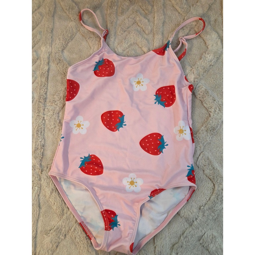 Girls Pink Strawberry Flower Print One Piece Swimsuit Size L Adjustable Straps